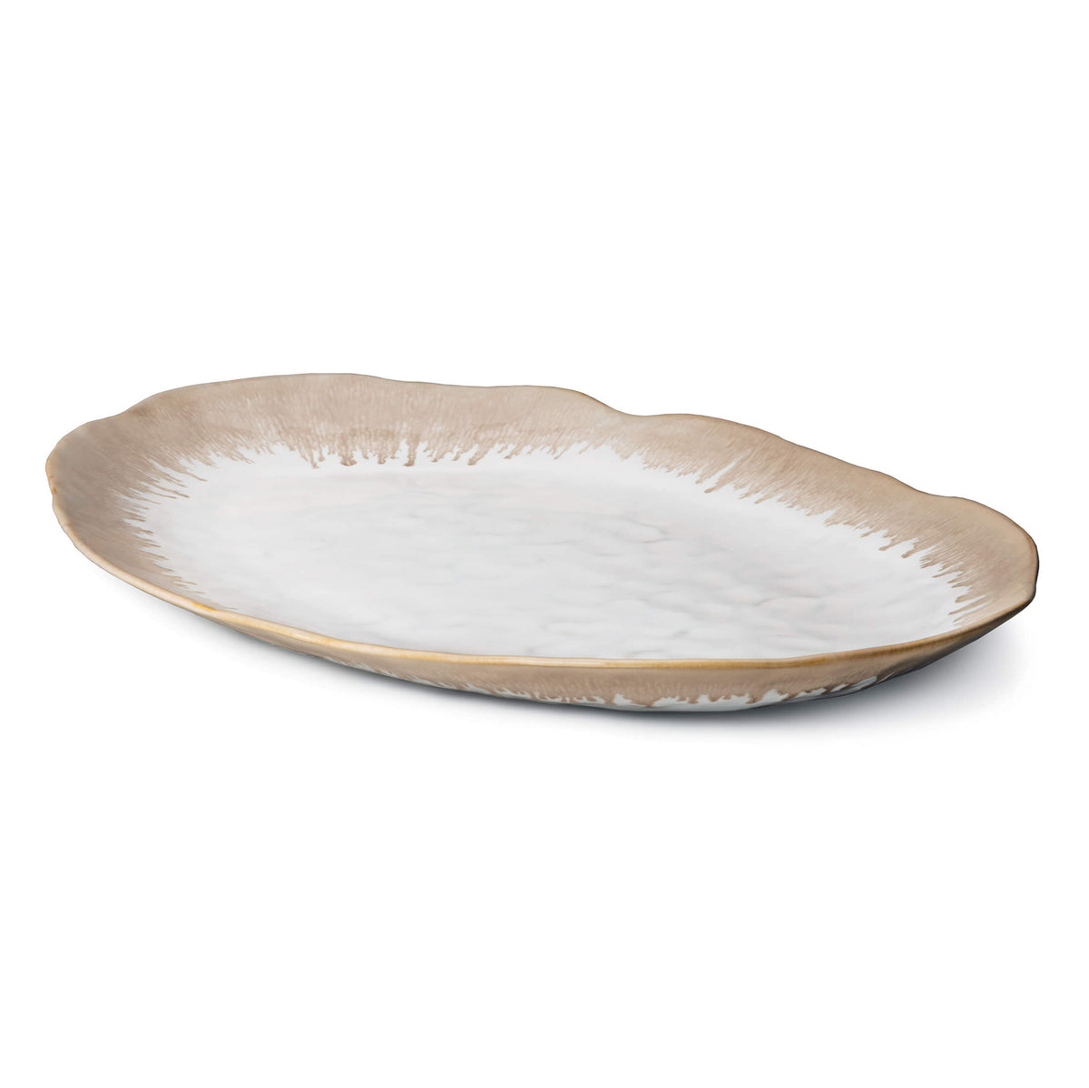 Large oval platter with white center and textured tan rim.