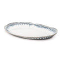 Oval ceramic platter with blue brushstroke pattern on white background and rim.