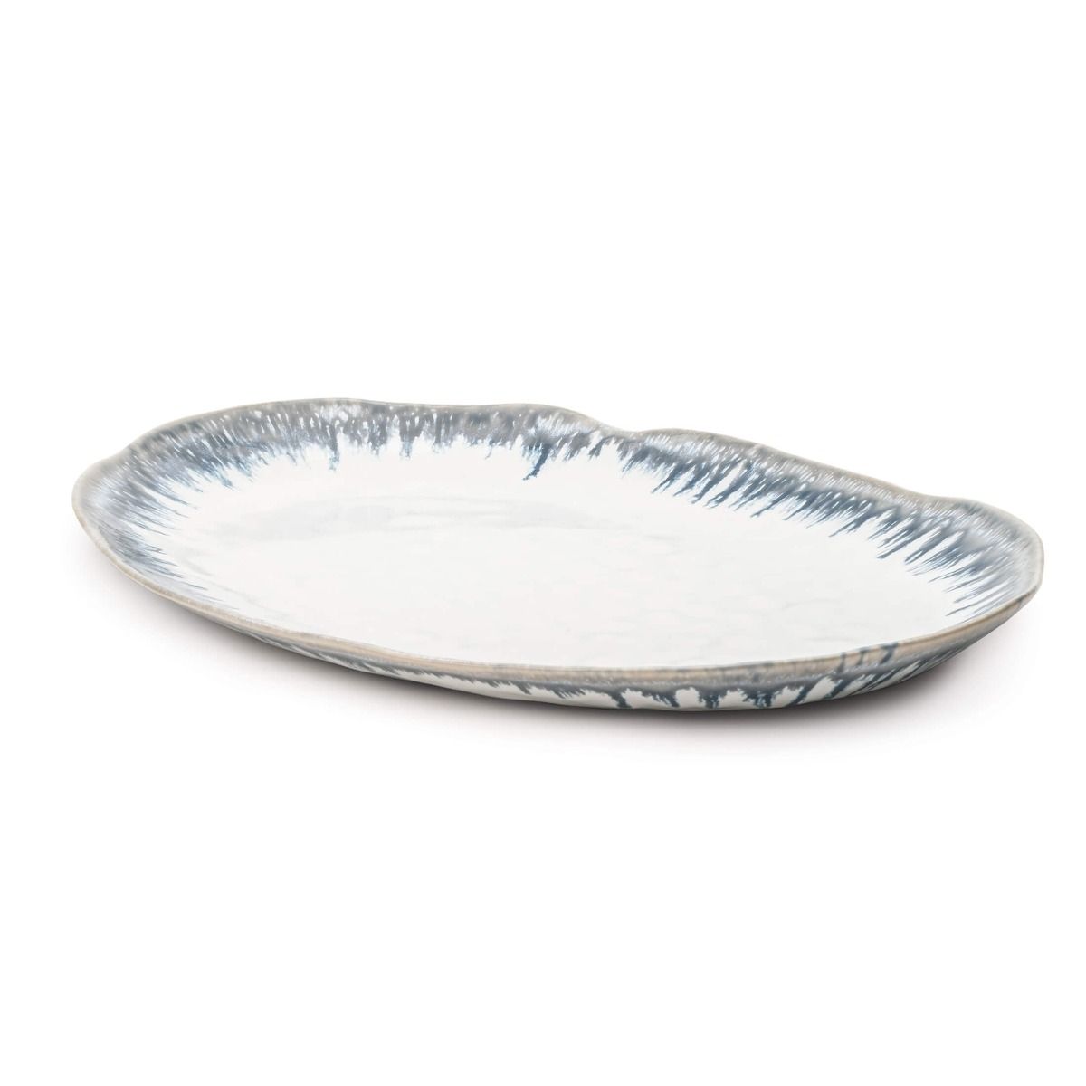 Oval ceramic platter with blue brushstroke pattern on white background and rim.