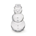 Clear glass snowman figurine with three stacked spheres, button details, and a heart-shaped top.