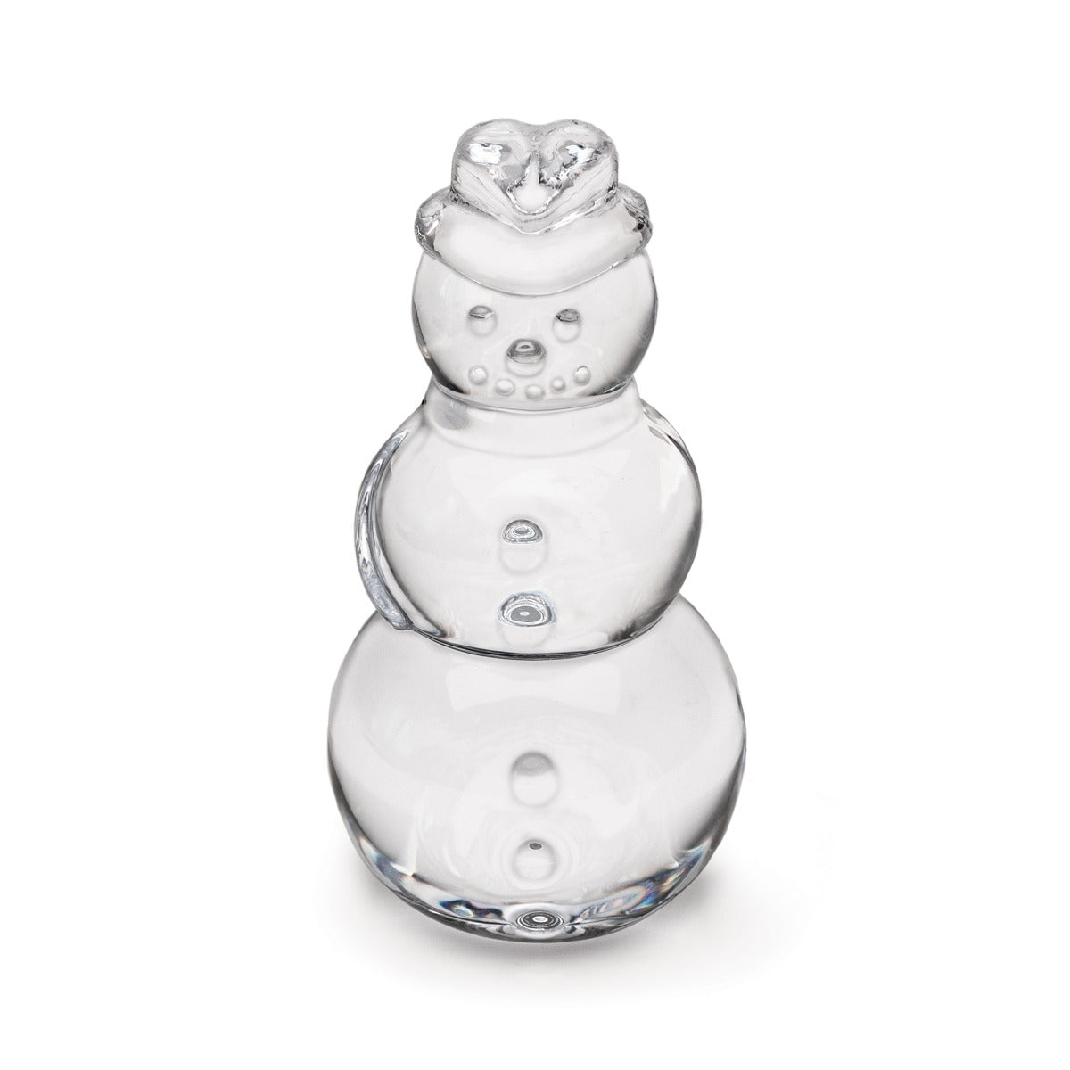 Clear glass snowman figurine with three stacked spheres, button details, and a heart-shaped top.