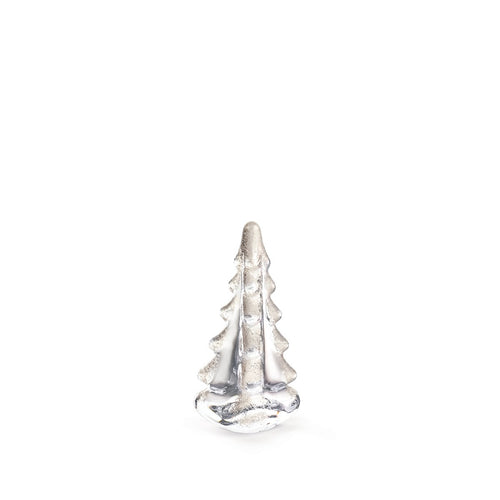 Clear glass evergreen tree figurine with silver glitter coating and snow-like texture throughout.