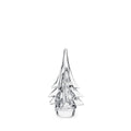 Clear glass decorative tree with layered pointed branches tapering to a sharp top and solid base.