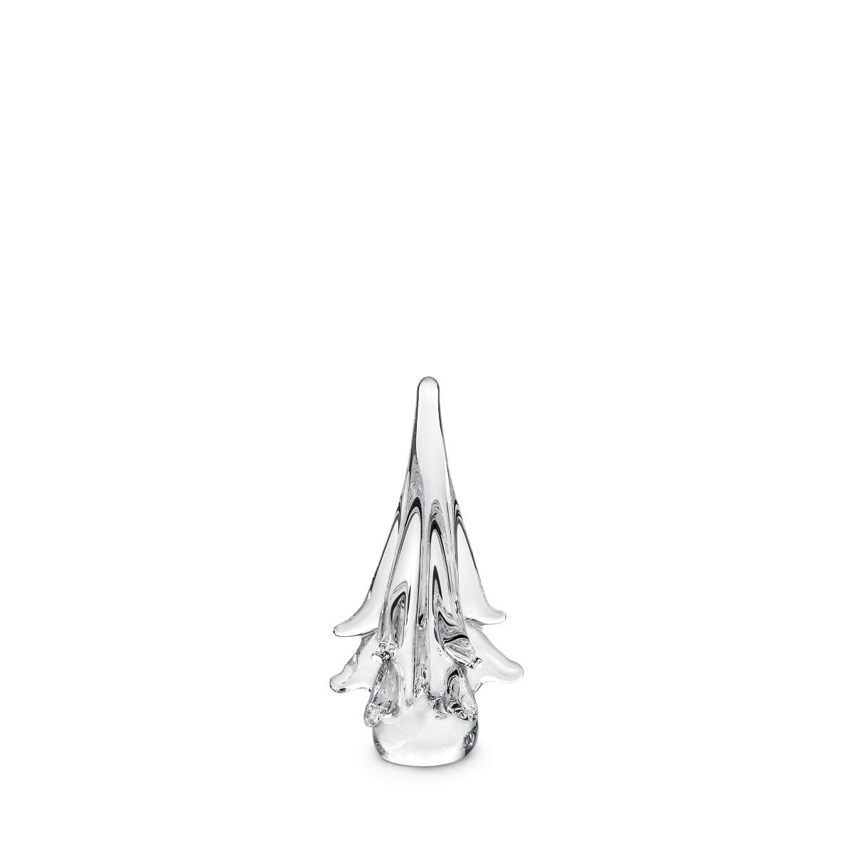 Clear glass decorative tree figurine with pointed top and layered petal-like branches.