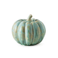 Decorative pumpkin with blue-green crystalline glaze and ridged surface, featuring a curved stem on top.