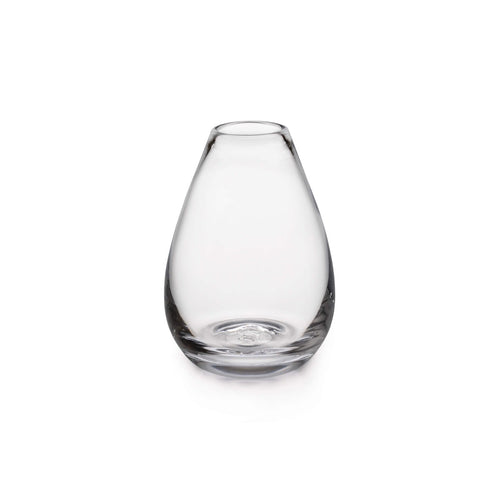 Clear glass bud vase with teardrop shape and rounded rim.