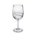 Clear glass wine goblet with curved swirl design on the bowl and a long stem with round base.