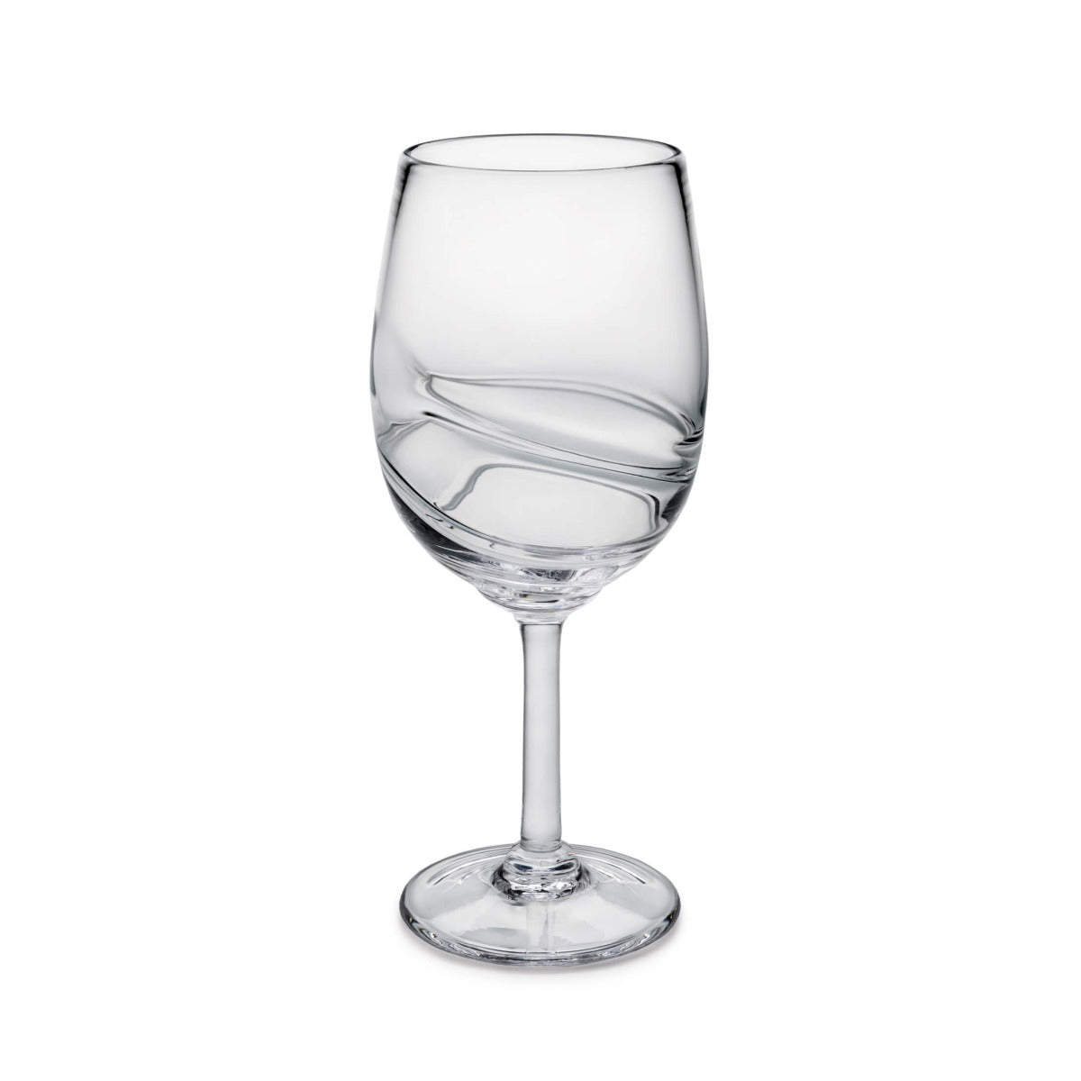 Clear glass wine goblet with curved swirl design on the bowl and a long stem with round base.