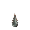 Ceramic evergreen tree figurine with moss green glaze and copper-toned branch details.