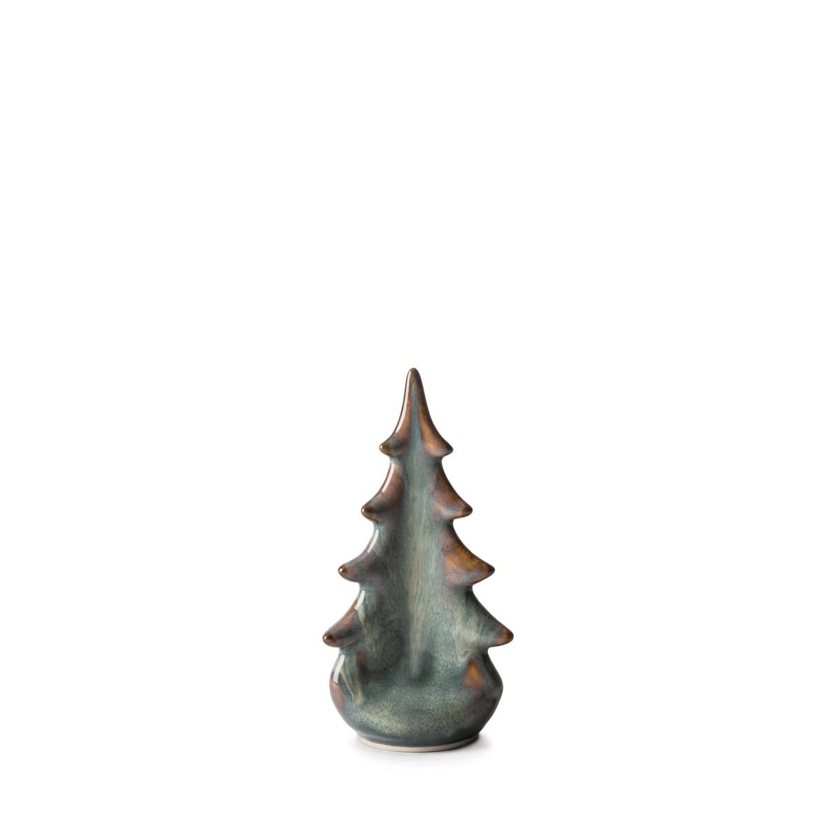 Ceramic evergreen tree figurine with moss green glaze and copper-toned branch details.