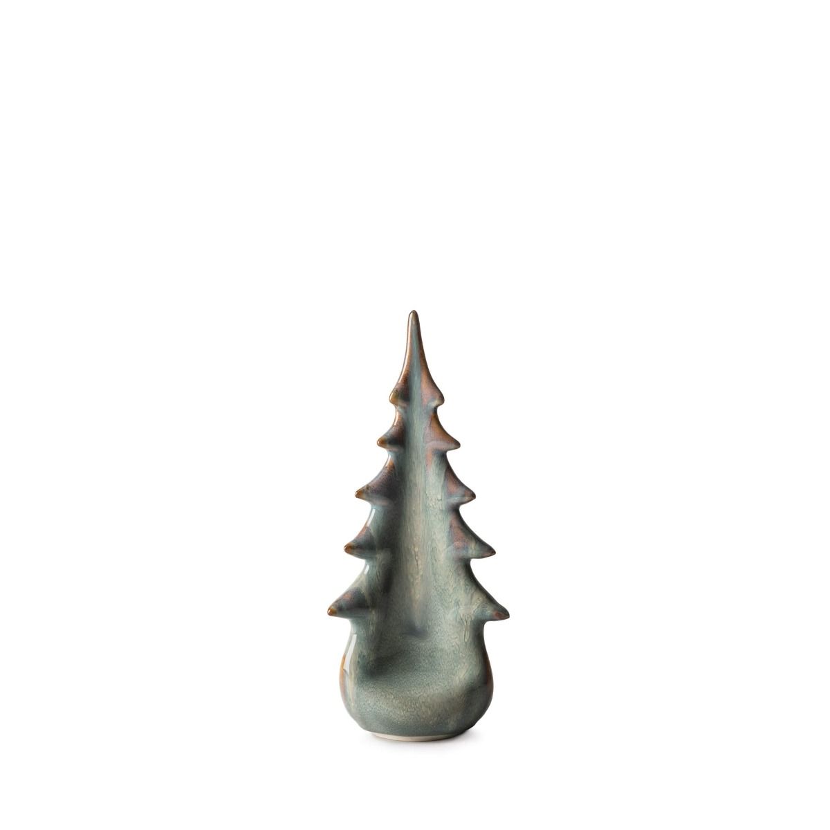 Ceramic evergreen tree figurine in moss green glaze with pointed crown and layered branches.