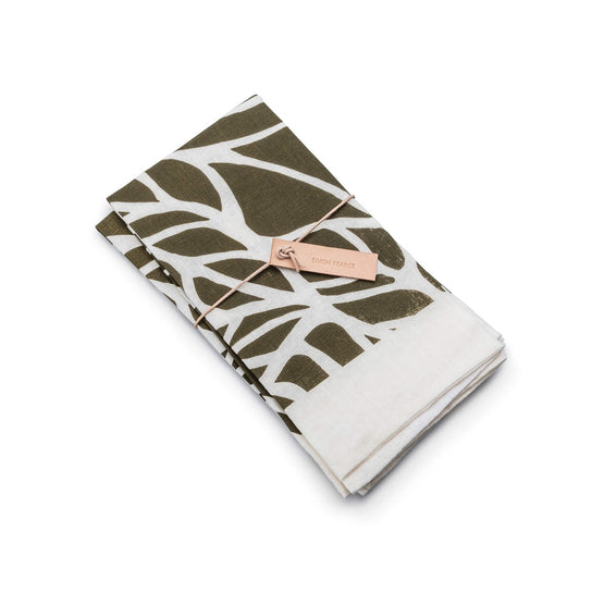 Linen Napkins, Set of 2 — Olive Leaf Block Print