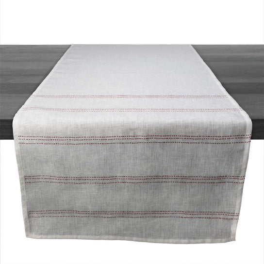 White Linen Runner with Red Stripes - 90 Inch view 1