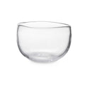 Clear glass bowl with curved sides and rounded rim.