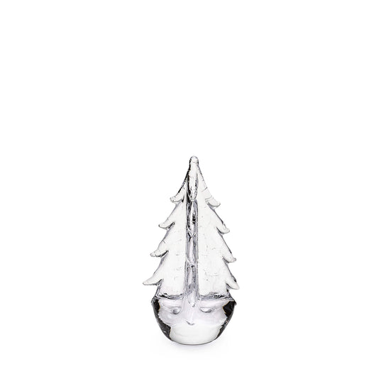 Clear glass evergreen tree figurine with crackle texture and rounded base.