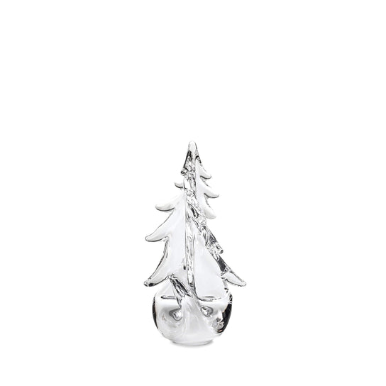 Clear glass evergreen tree figurine with twisted design and rounded base, approximately 10 inches tall.