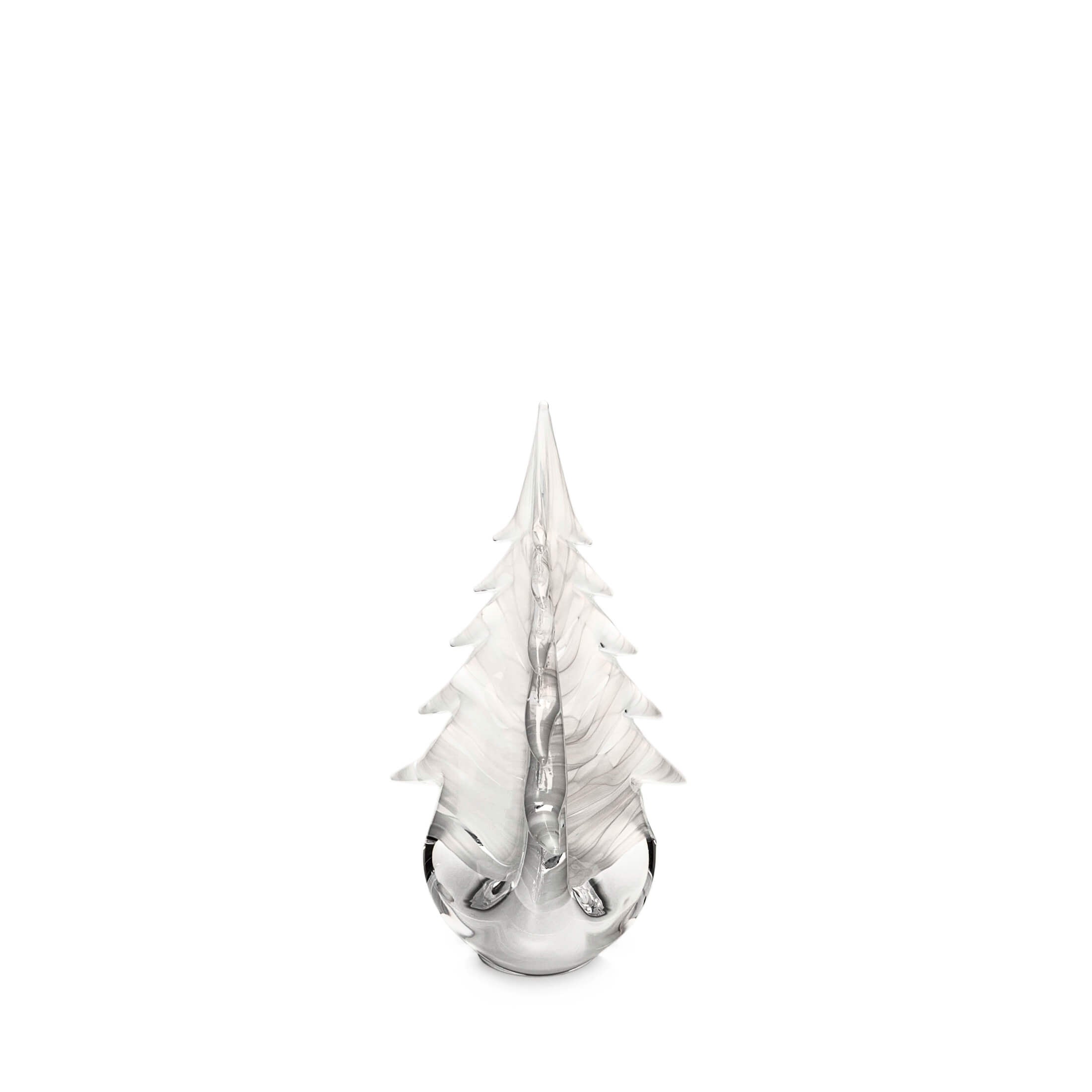 Crystal glass sculpture of a tall, stylized pine tree on a white background.