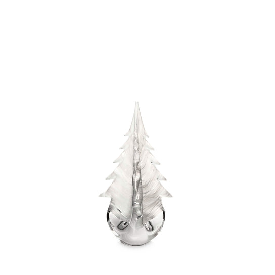 White frosted evergreen tree figurine with pointed top and spherical base featuring silver metal handles.