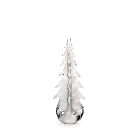 White frosted evergreen tree figurine with layered branches and round base.