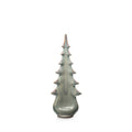 Moss green ceramic evergreen tree with tiered branches and pointed top, 14 inches tall.