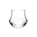 Clear glass whiskey tumbler with curved sides and a tapered top.