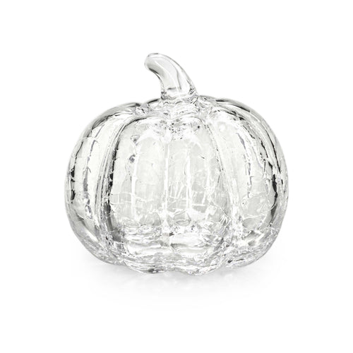 Clear glass pumpkin with crackle texture and stem on white background.