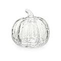 Clear glass pumpkin with crackle texture and curved stem on top.