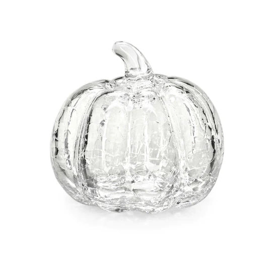 Clear glass pumpkin with crackle texture and curved stem on top.