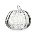 Clear glass pumpkin with crackle texture and stem detail on white background.