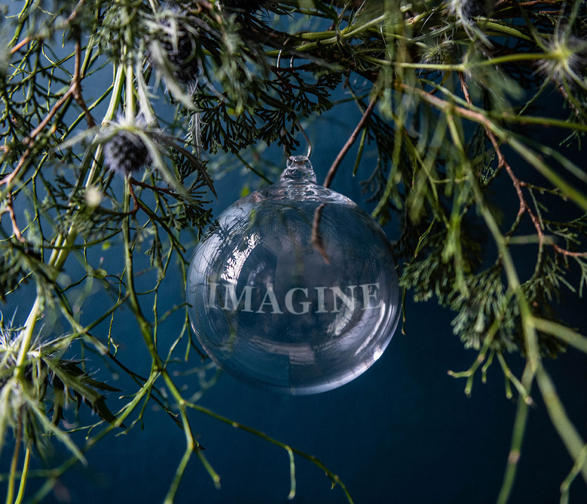 Clear glass round ornament engraved with "Imagine" text, hanging from evergreen branches against blue background.