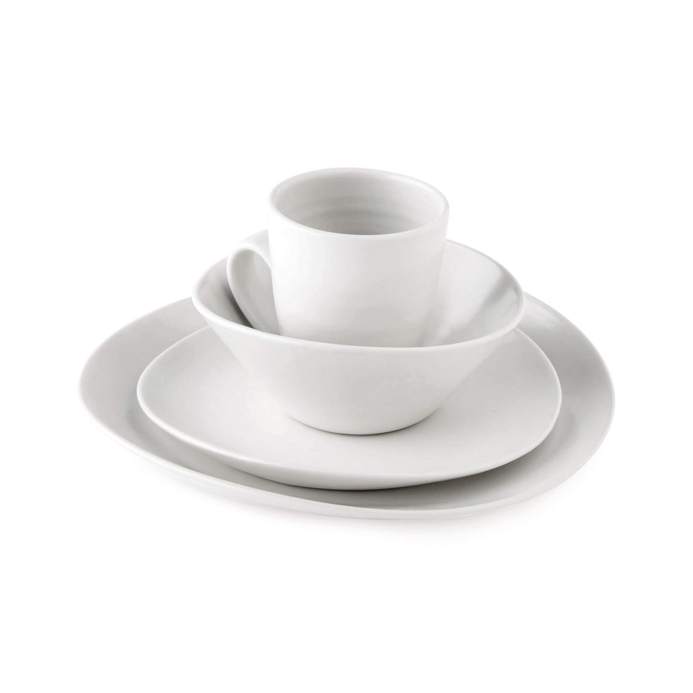 White ceramic dinnerware set including dinner plate, bowl, cup, and saucer stacked together.