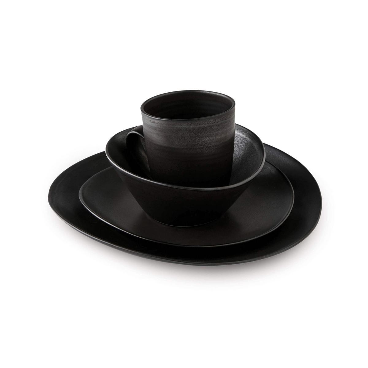 Slate-colored dinnerware set with stacked plate, bowl, and cup showing textured finish.