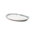 Oval ceramic platter with white center and blue brushstroke pattern along the rim.