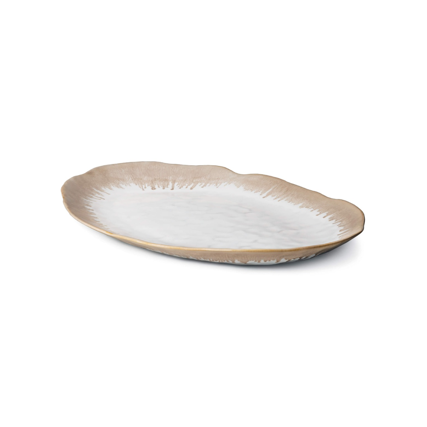 Oval platter with white center and taupe textured rim on a neutral background.