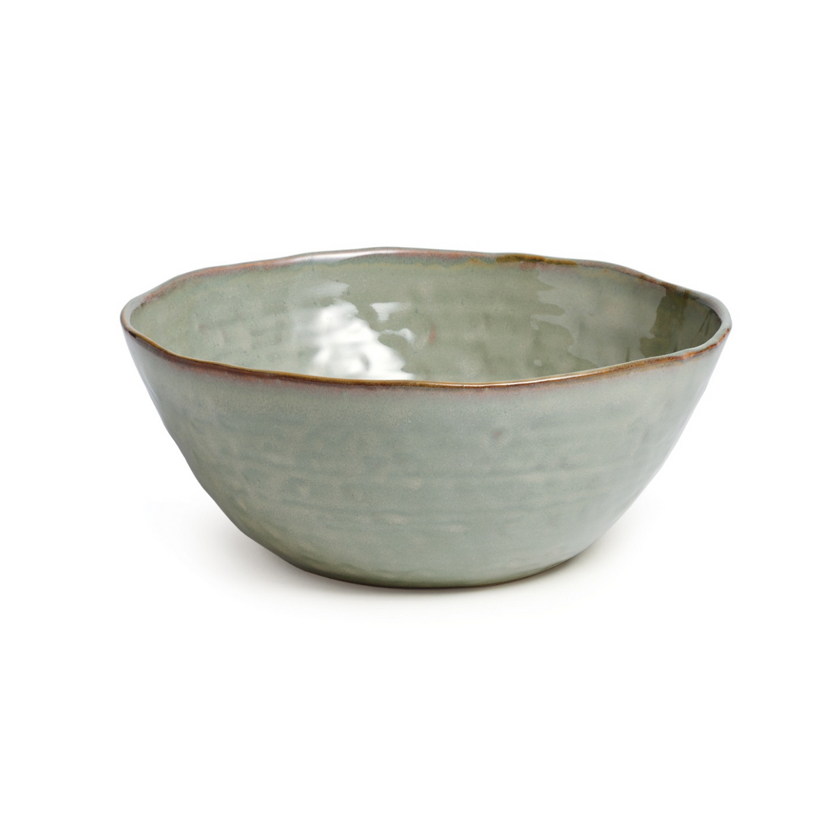 Sage green ceramic serving bowl with rustic brown rim and glazed interior.