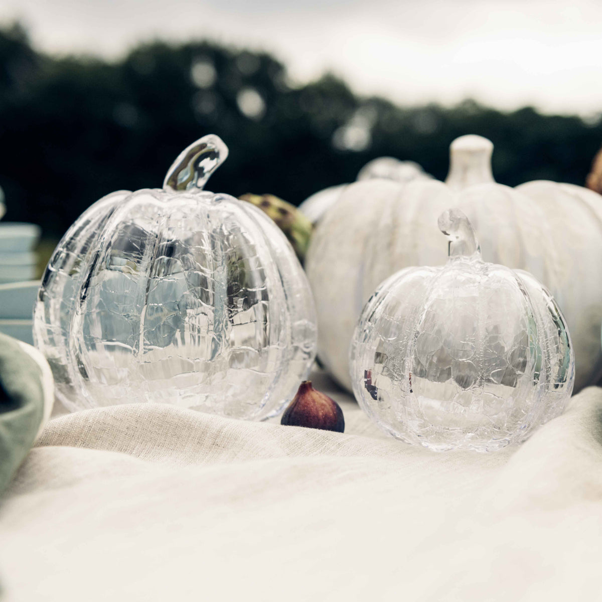 Clear glass crackle-textured pumpkins with stems displayed on white fabric packaging.