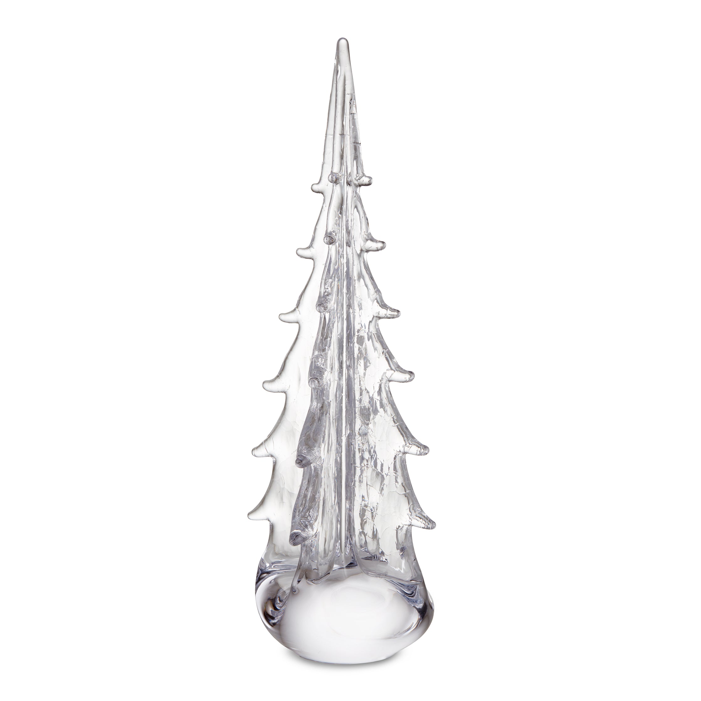 Clear glass evergreen tree with four-sided tiered design and crackle texture throughout.