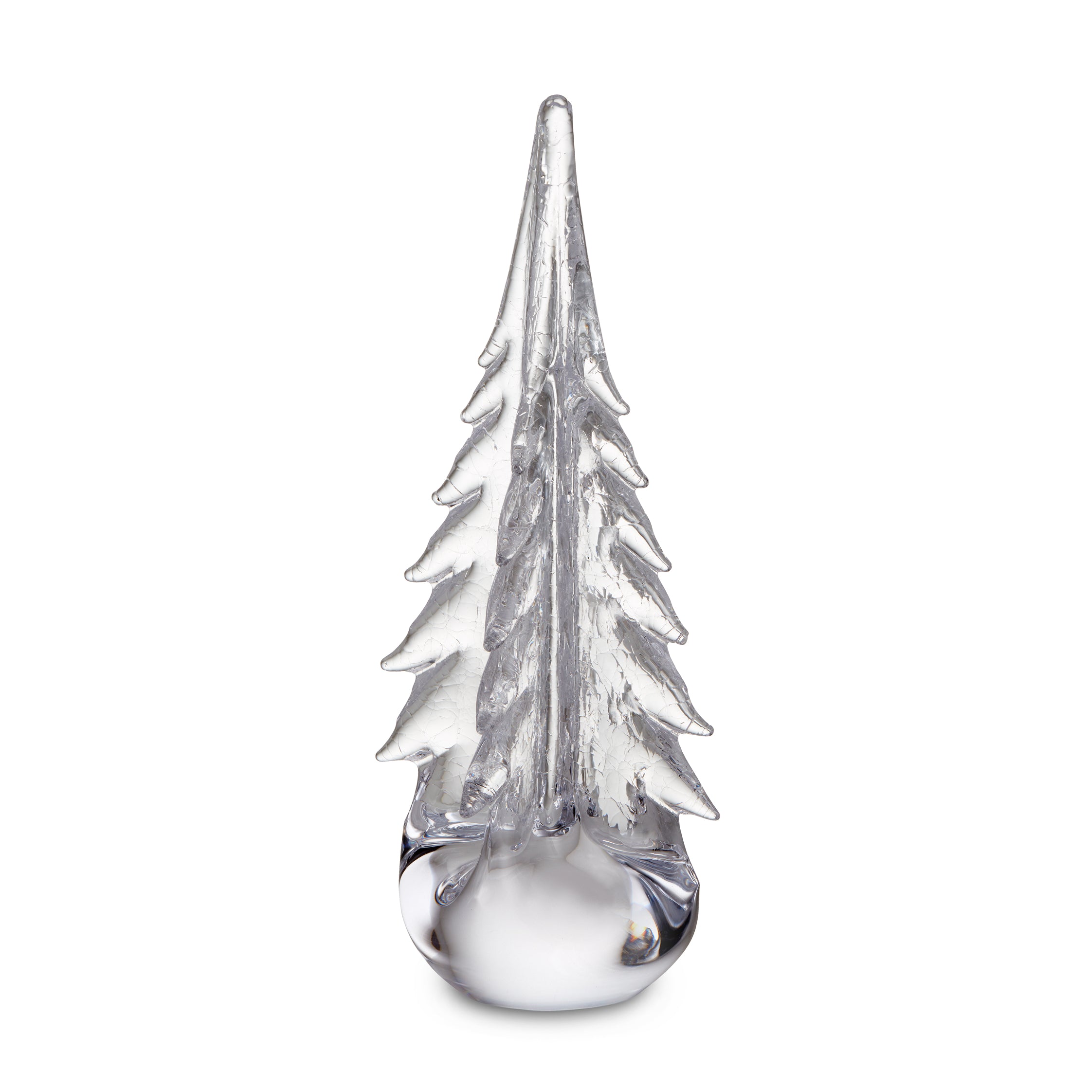 Clear glass evergreen tree with crackle texture and rounded base.