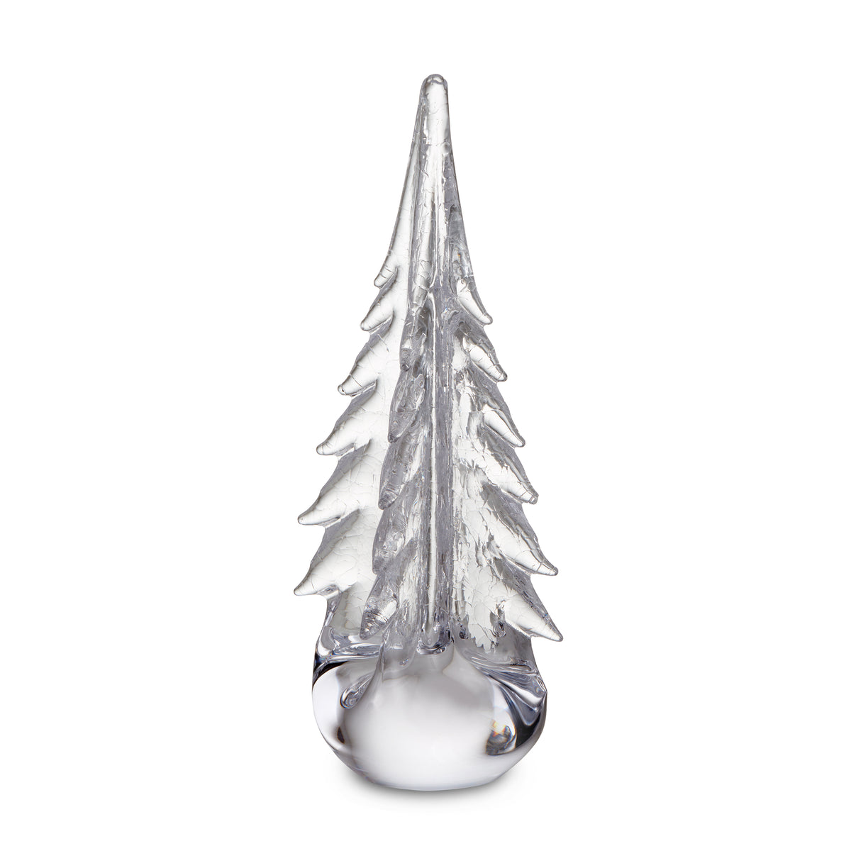 Clear glass evergreen tree with crackle texture and rounded base, approximately 12 inches tall.