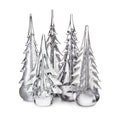Set of five clear glass evergreen trees with pointed tops and textured branches on round bases.