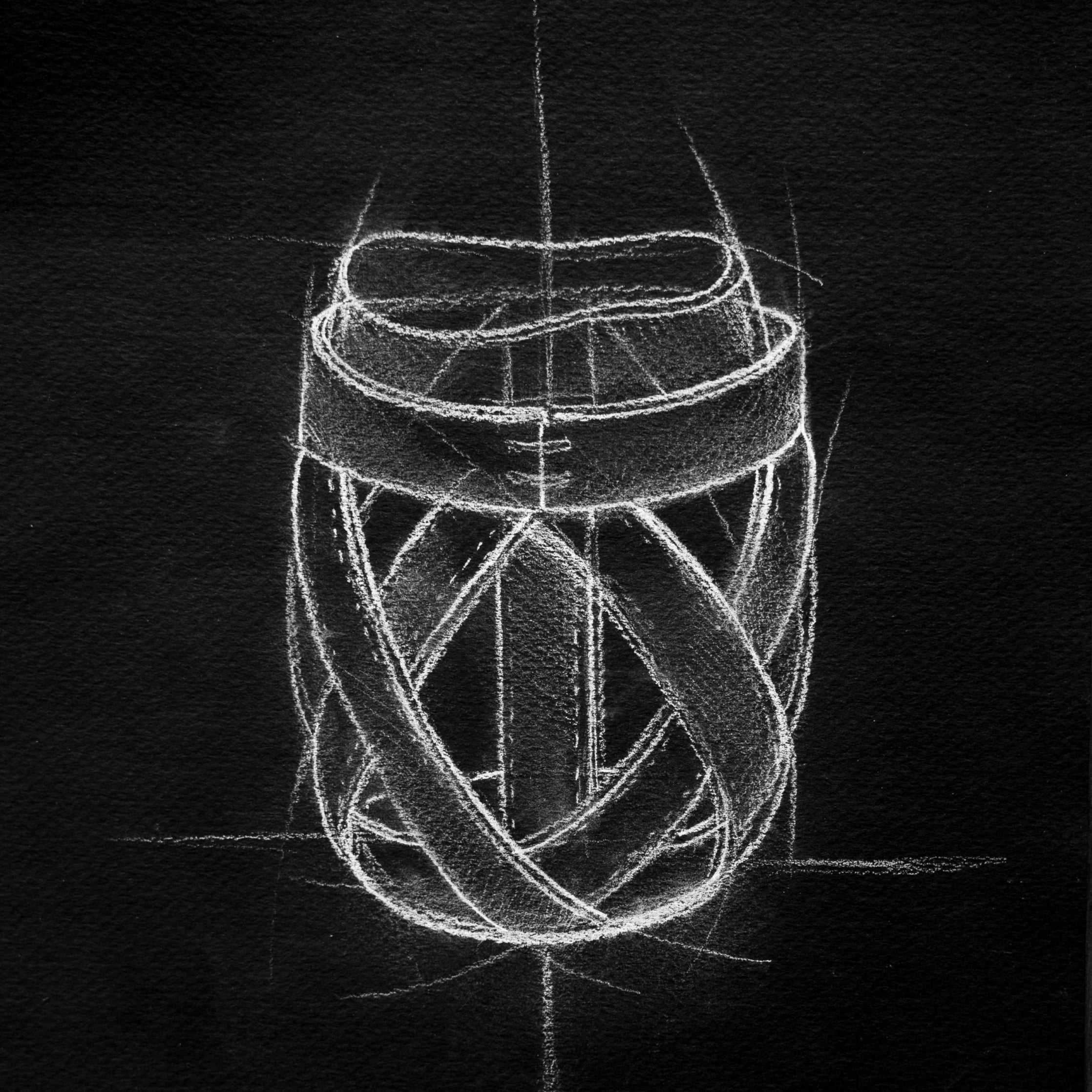 White chalk sketch of a cylindrical leather wrap with crosshatch wrapping pattern and handles on black background.