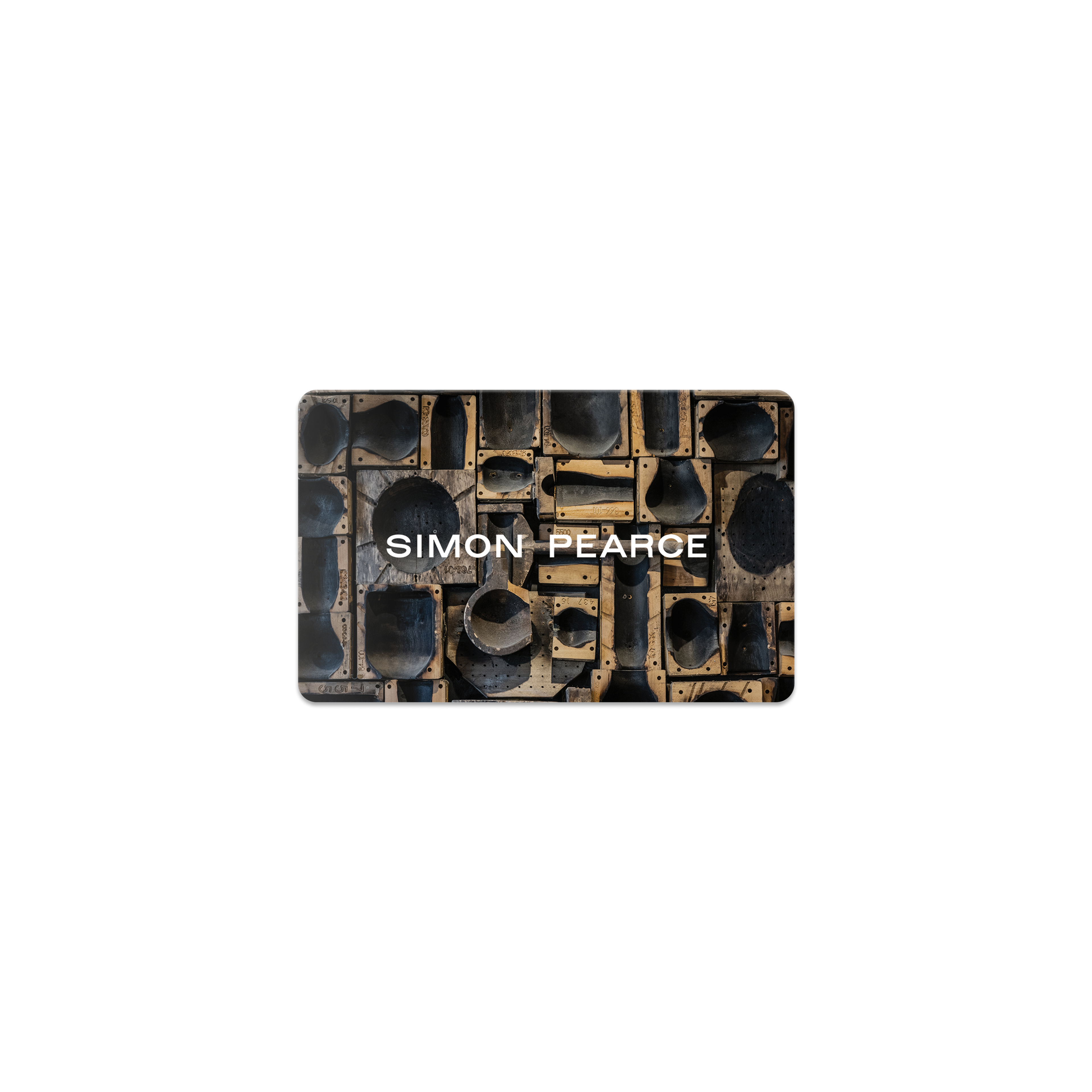 Simon Pearce digital gift card with black and gold geometric pattern design on rectangular card.