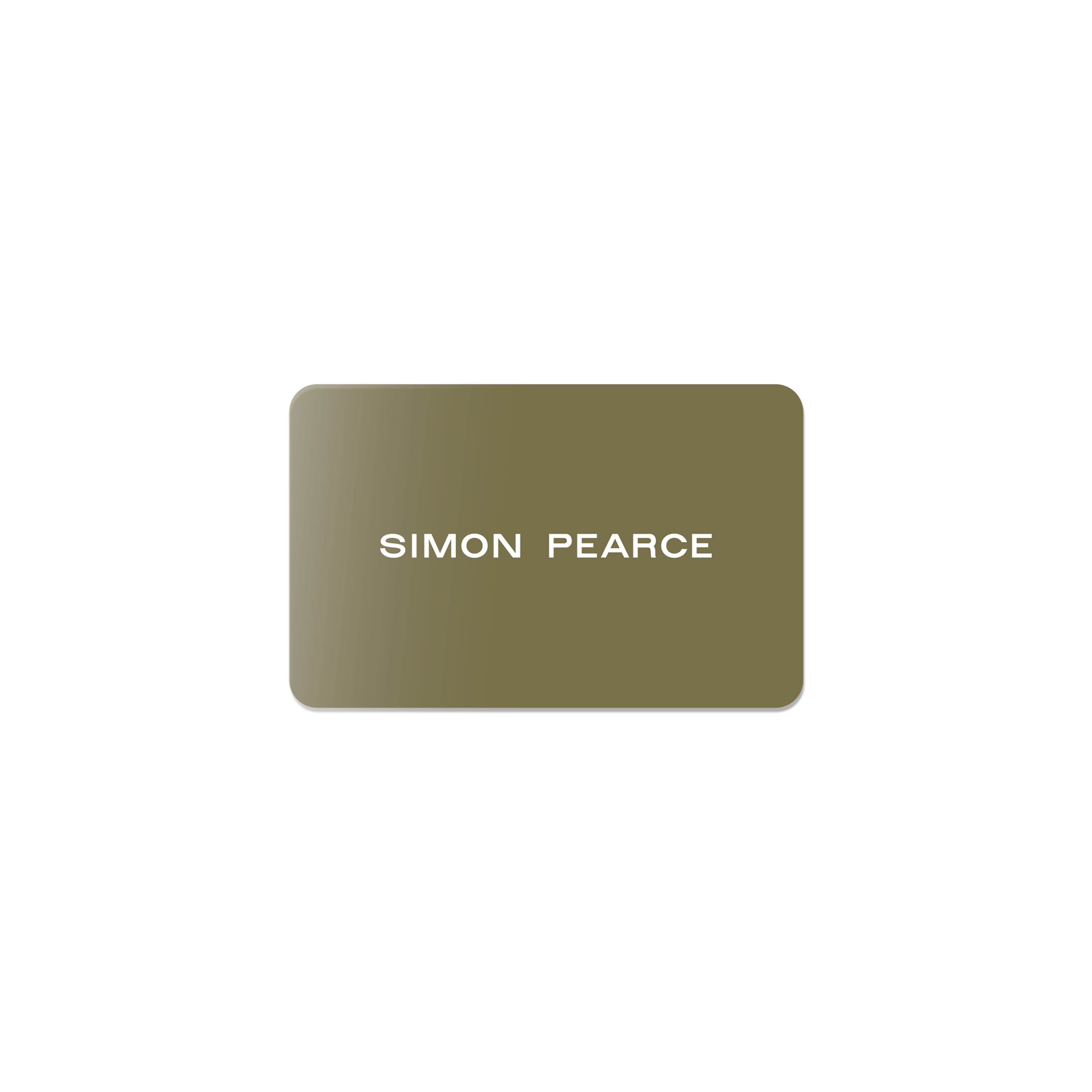 Olive-green digital gift card with white Simon Pearce text and rounded corners.