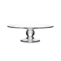 Clear glass cake plate with wide flat top and pedestal base with square foot.