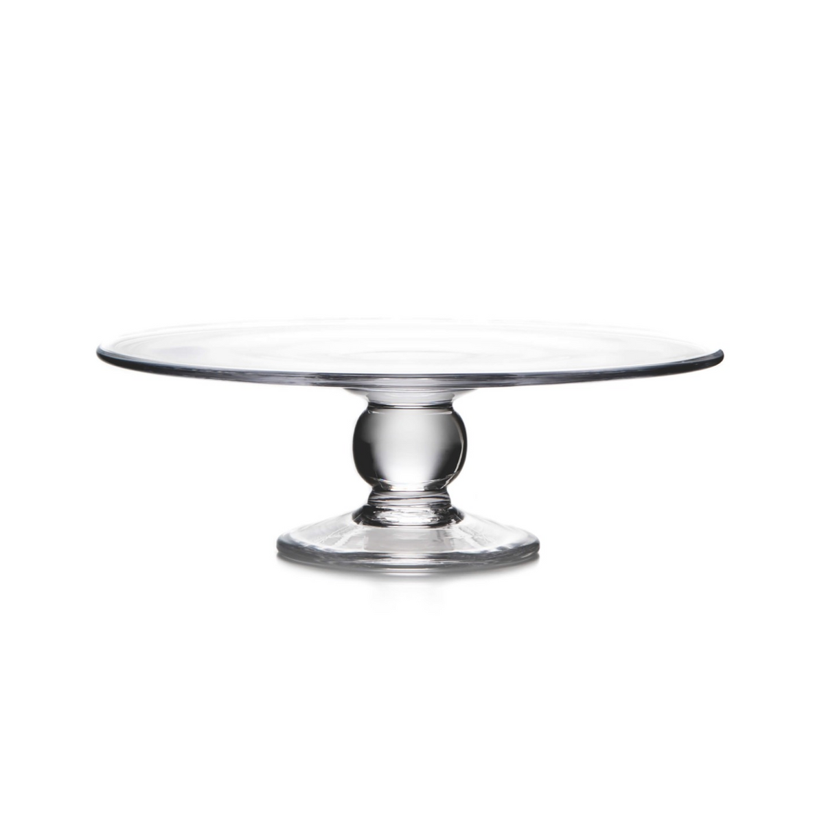 Clear glass cake plate with wide flat top and pedestal base with square foot.