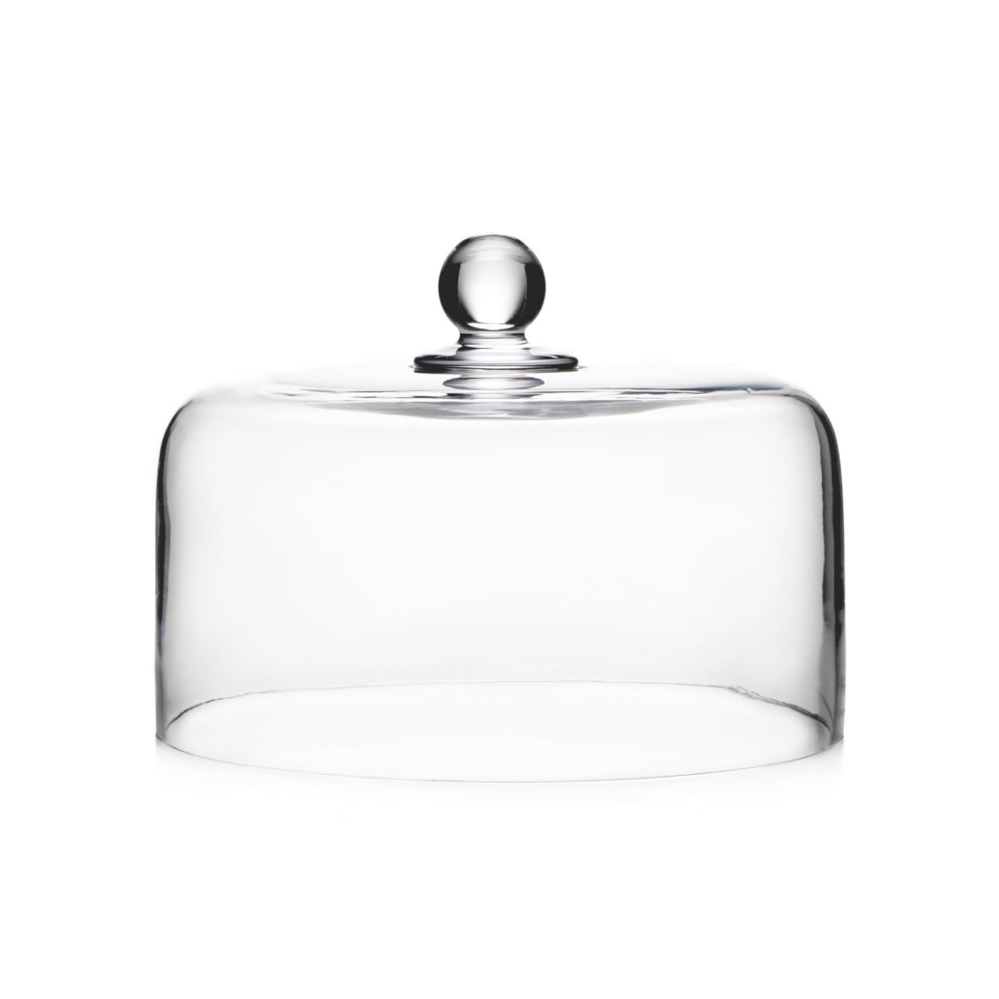 Clear glass dome with spherical knob finial and flat base for covering cakeplate.
