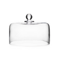 Clear glass dome with spherical knob finial and flat base for covering cakes or food items.