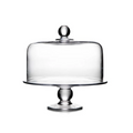 Clear glass cake plate with pedestal base and domed cover with knob finial.
