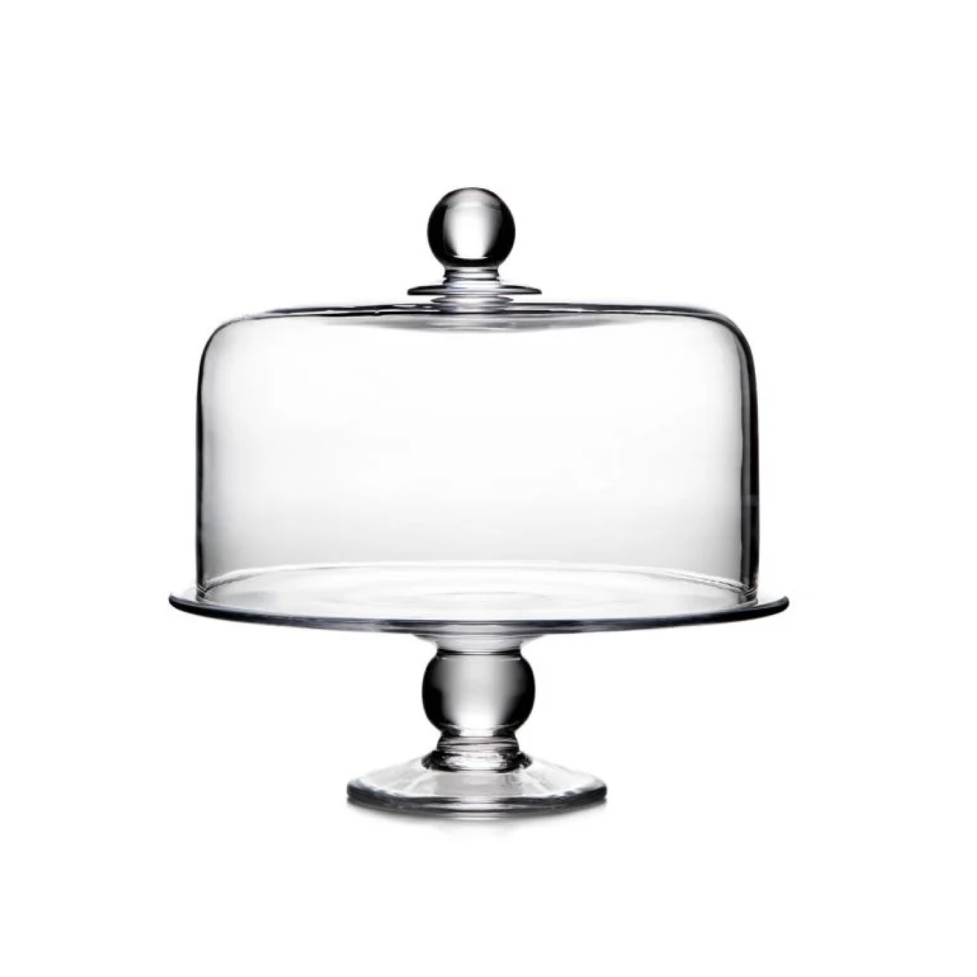 Clear glass cake plate with pedestal base and domed cover with knob finial.