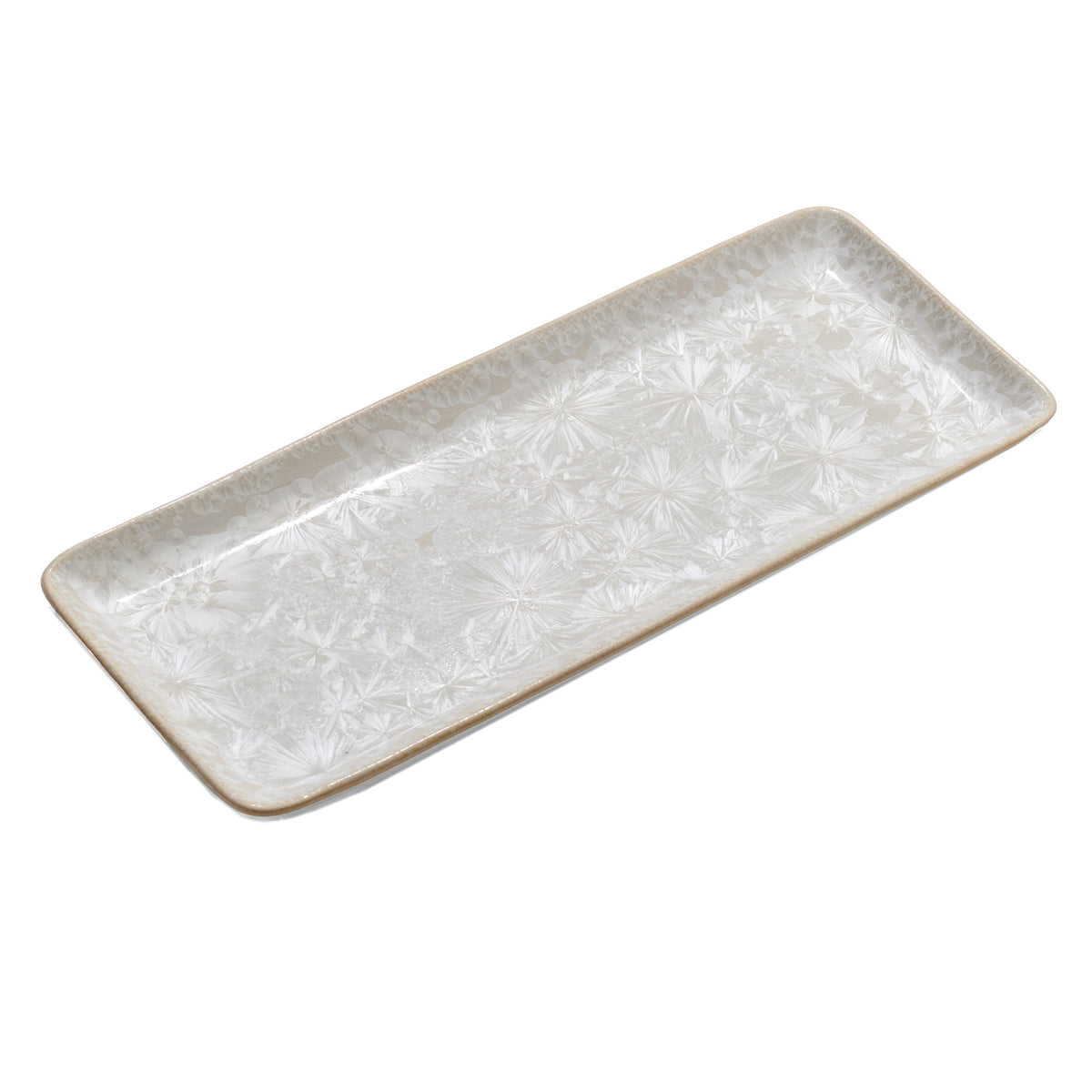 Small rectangular platter with cream-colored rim and embossed floral pattern on frosted white surface.